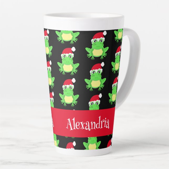 Christmas Frog Santa Hat Pattern Black Novelty Latte Mug (Right Angle)