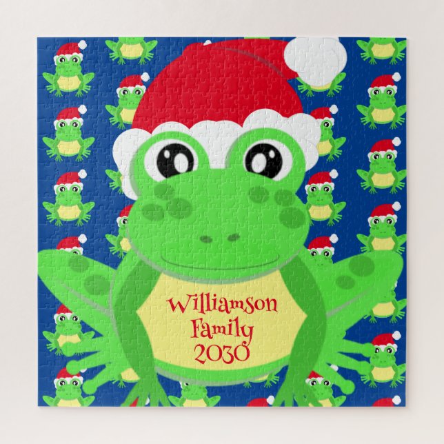Christmas Frog Santa Hat Pattern Blue Novelty  Jigsaw Puzzle (Vertical)