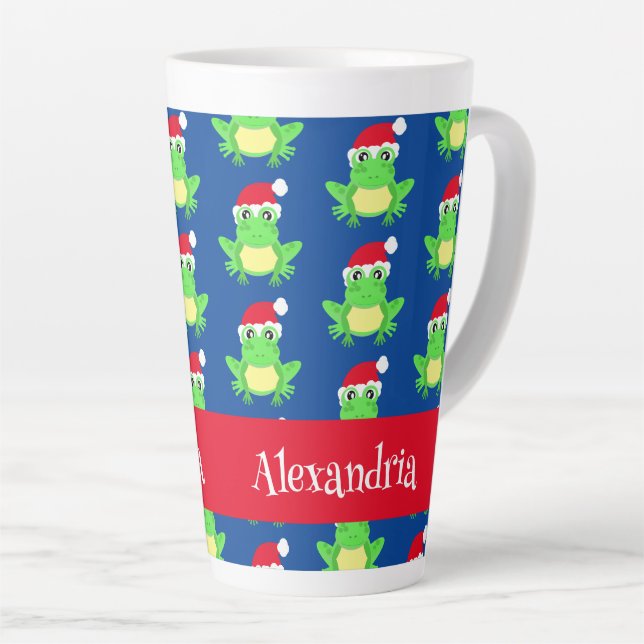 Christmas Frog Santa Hat Pattern Blue Novelty Latte Mug (Right Angle)