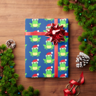 Christmas Frog Santa Hat Pattern Blue Novelty  Wrapping Paper