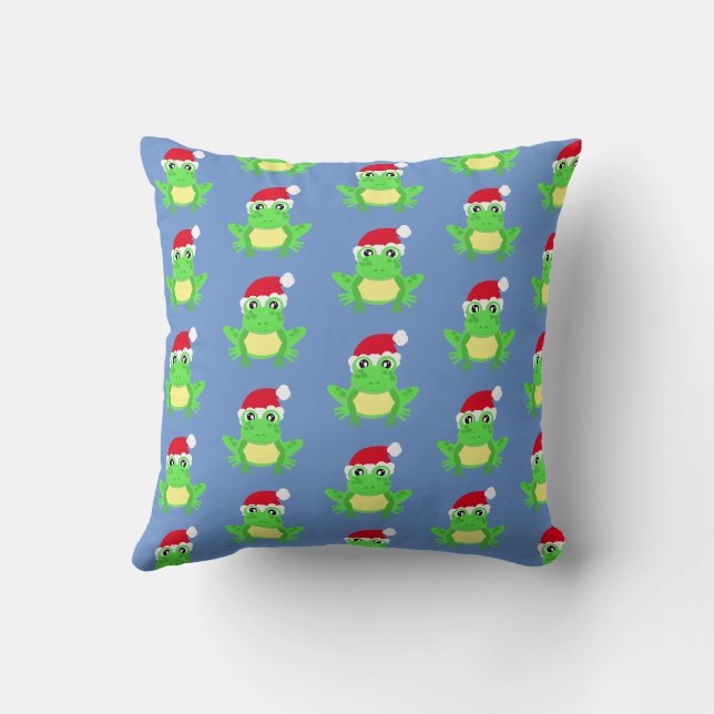 Christmas Frog Santa Hat Pattern Novelty Blue Cushion (Back)