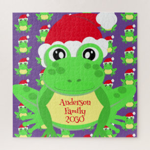 Christmas Frog Santa Hat Pattern Purple Novelty Jigsaw Puzzle