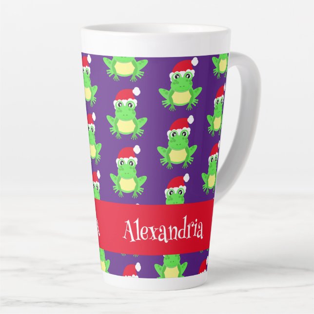 Christmas Frog Santa Hat Pattern Purple Novelty Latte Mug (Right Angle)