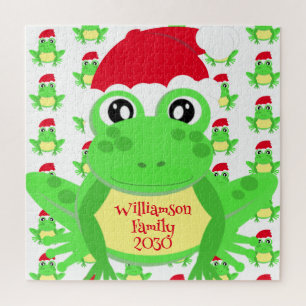 Christmas Frog Santa Hat Pattern White Novelty  Jigsaw Puzzle