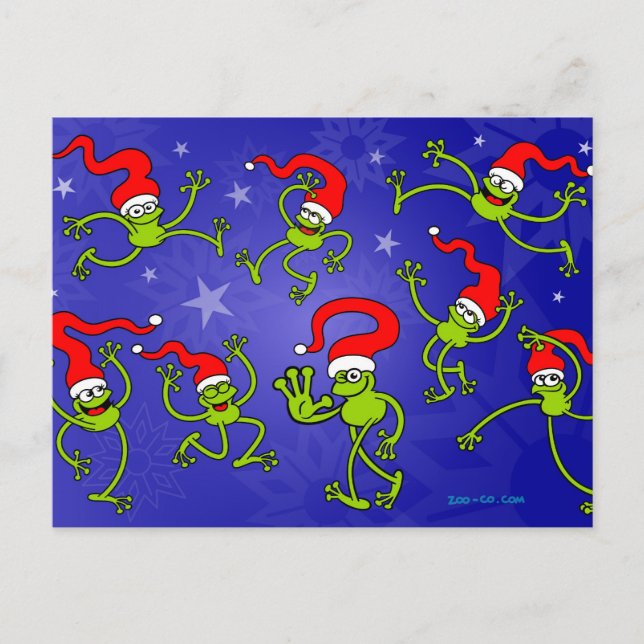 Christmas Frogs jumping, dancing and celebrating! Holiday Postcard (Front)
