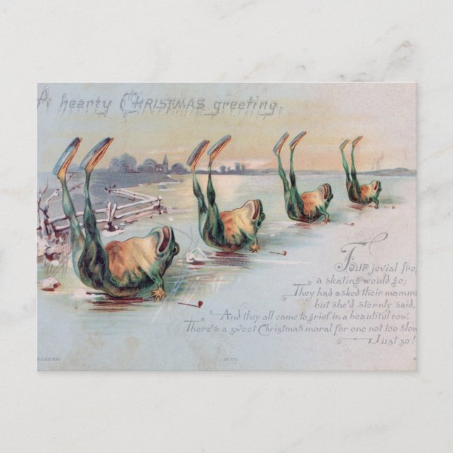 Christmas Frogs on Ice Vintage Postcard (Front)