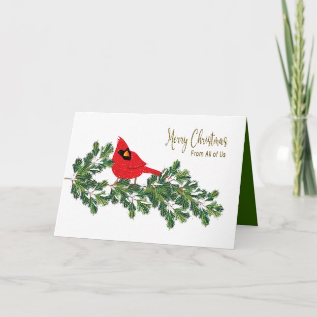 Christmas From All of Us Red Cardinal Pine Branch Holiday Card (Front)
