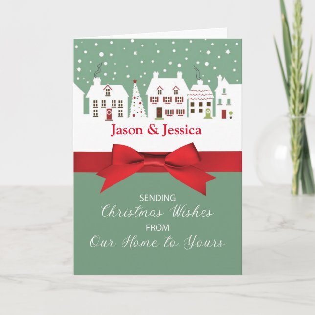 Christmas From Our Home to Yours Light Green Bow Card (Front)