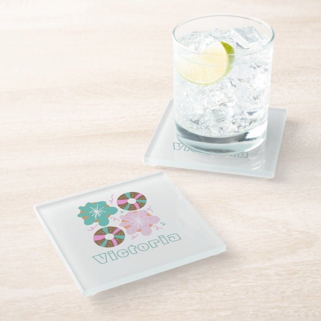 Christmas Frosted Doughnuts Pink Doodles     Glass Coaster (Angled)