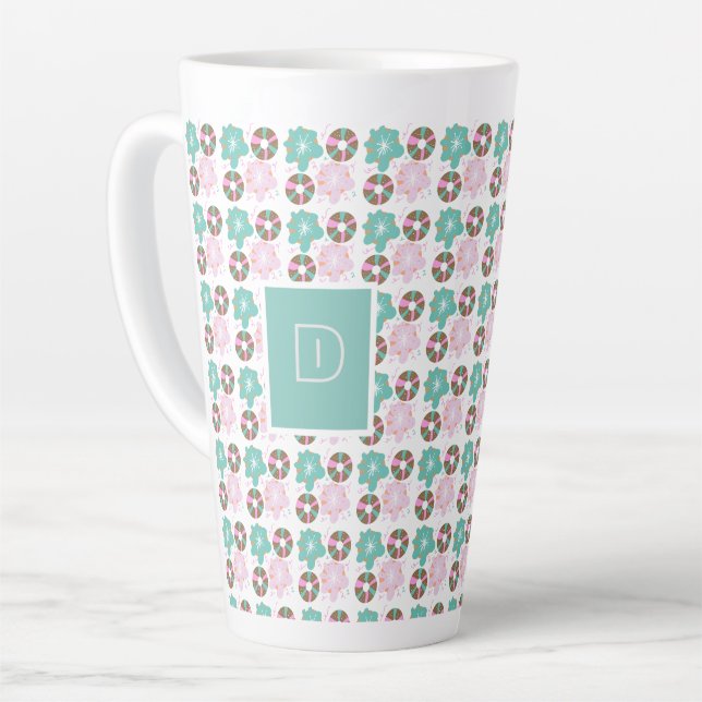 Christmas Frosted Doughnuts Pink Doodles Initial Latte Mug (Left Angle)
