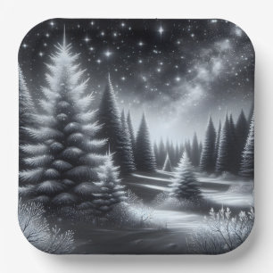 Christmas Frosted Pine Trees In Winter Paper Plate