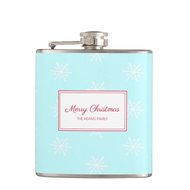 Christmas frosty blue snowflake pattern hip flask (Front)