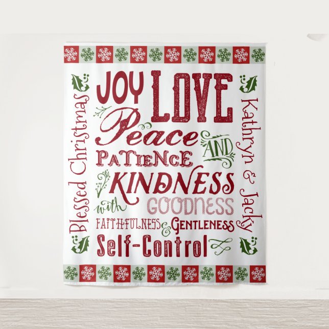 Christmas Fruit of the Spirit Red Green Monogram Tapestry (Front)