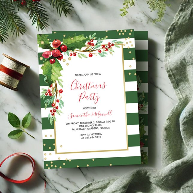 Christmas Function Invitation - Green Stripes (Christmas invitations green stripes watercolor red and green holly and berries)