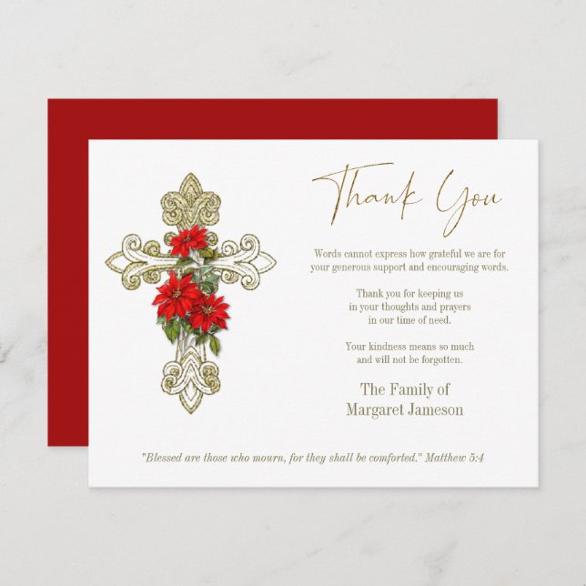 Christmas Funeral Condolence Sympathy Cross  Thank You Card (Front/Back)