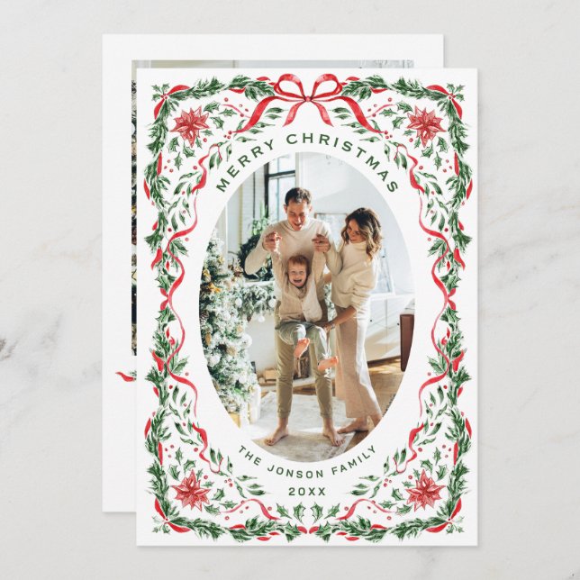 Christmas Funky Whimsical Red Bow Wreath 2 Photo Holiday Card (Front/Back)