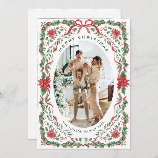 Christmas Funky Whimsical Red Bow Wreath 2 Photo Holiday Card