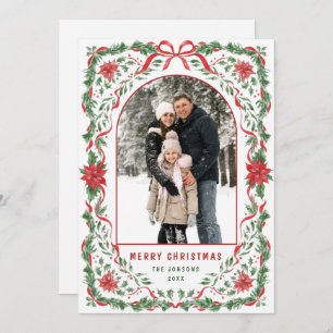 Christmas Funky Whimsical Red Bow Wreath 2 Photo Holiday Card