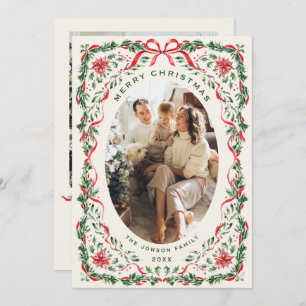 Christmas Funky Whimsical Red Bow Wreath 2 Photo Holiday Card