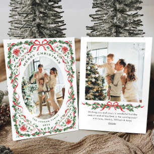 Christmas Funky Whimsical Red Bow Wreath 2 Photo Holiday Card