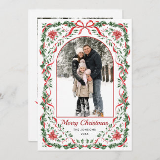 Christmas Funky Whimsical Red Bow Wreath 5 Photo Holiday Card