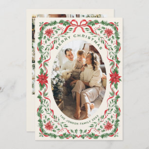 Christmas Funky Whimsical Red Bow Wreath 5 Photo Holiday Card