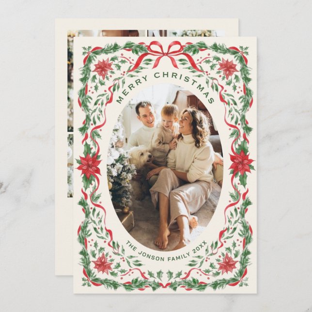 Christmas Funky Whimsical Red Bow Wreath 5 Photo Holiday Card (Front/Back)