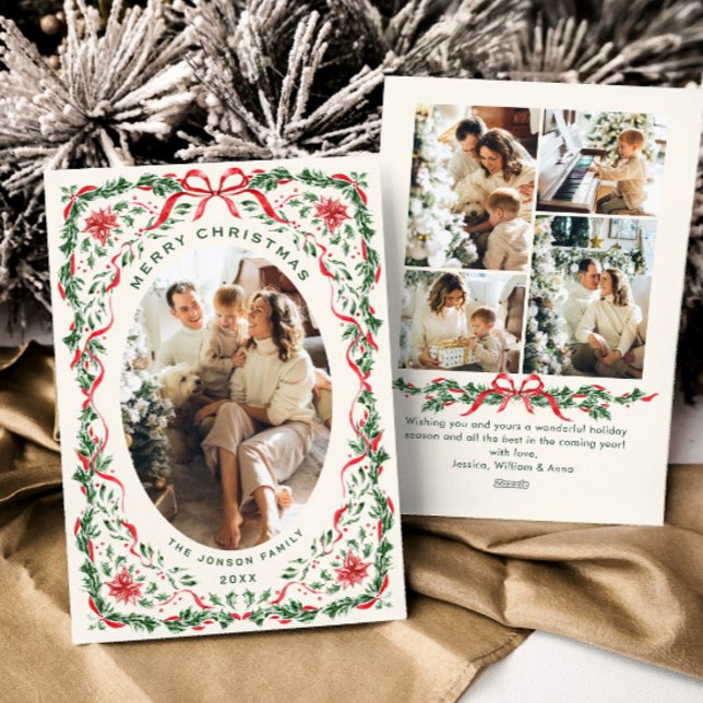 Christmas Funky Whimsical Red Bow Wreath 5 Photo Holiday Card (Creator Uploaded)