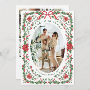 Christmas Funky Whimsical Red Bow Wreath 5 Photo Holiday Card