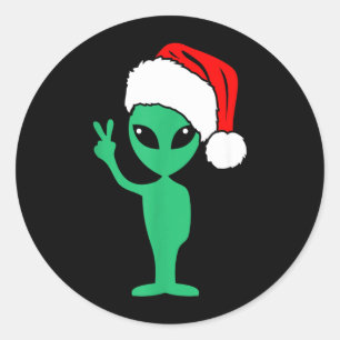Christmas Funny Alien Santa Claus Hat Peace Sign Classic Round Sticker
