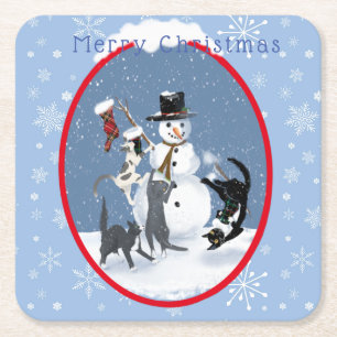 Christmas funny cat and snowman #3 square paper coaster