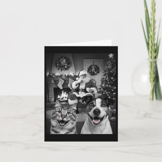 Christmas Funny Cat Dog Selfie With Santa Claus Cu Card (Front)