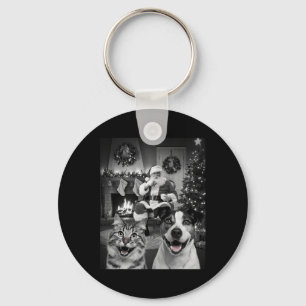 Christmas Funny Cat Dog Selfie With Santa Claus Cu Key Ring