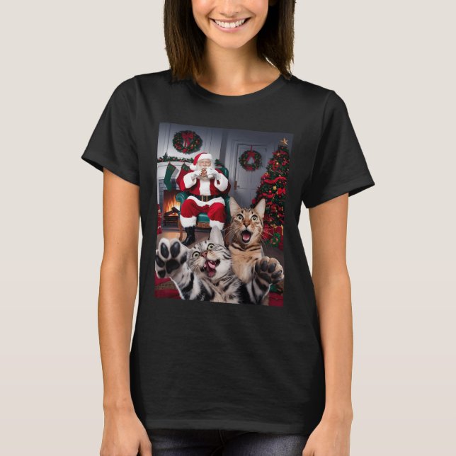 Christmas Funny Cat Dog Selfie With Santa Claus Cu T-Shirt (Front)