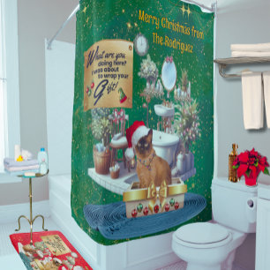 Christmas Funny Cat in Litterbox Shower Curtain