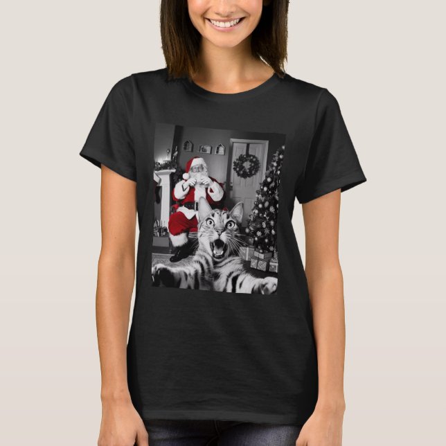 Christmas Funny Cat Selfie With Santa Claus Cute H T-Shirt (Front)