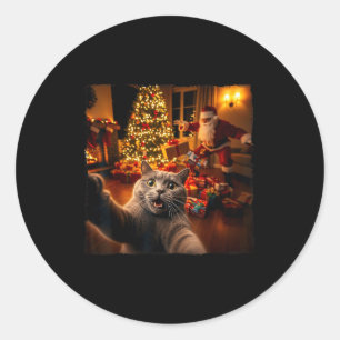 Christmas Funny Cat Selfie With Santa Claus Holida Classic Round Sticker