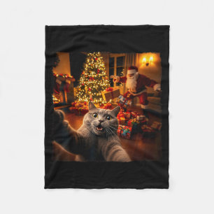 Christmas Funny Cat Selfie With Santa Claus Holida Fleece Blanket