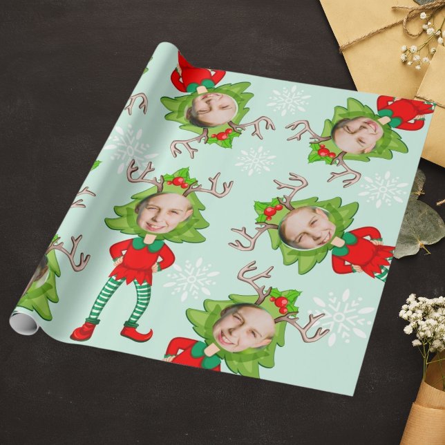 Christmas Funny Custom Face Photo Santa's Elf Gift Wrapping Paper (Creator Uploaded)