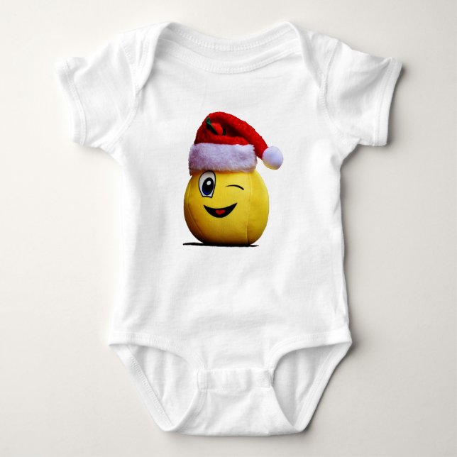 Christmas Funny Emoji Wink Smile Santa Yellow Face Baby Bodysuit (Front)