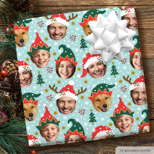 Christmas Funny Face Custom Photo Collage Blue Wrapping Paper