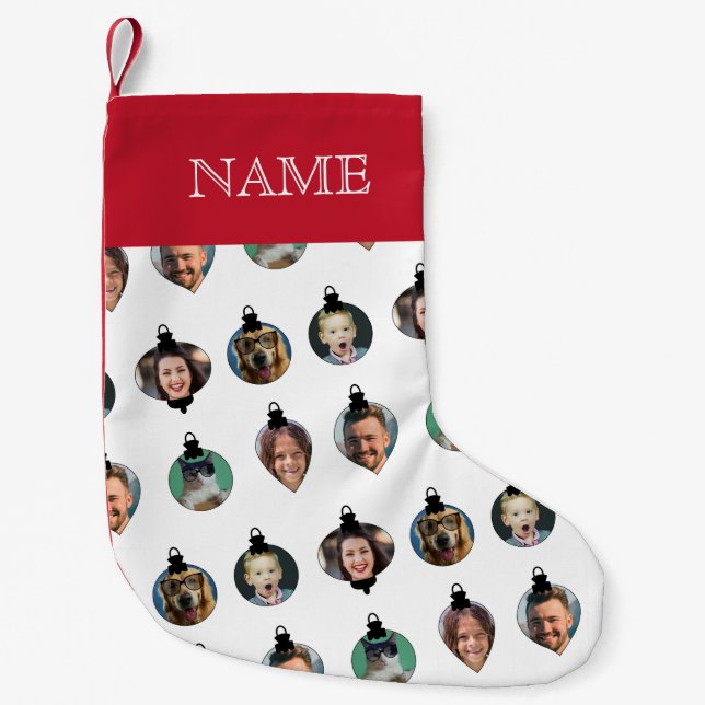 Christmas Funny Family Photo Faces Ornaments White Small Christmas Stocking (Front)