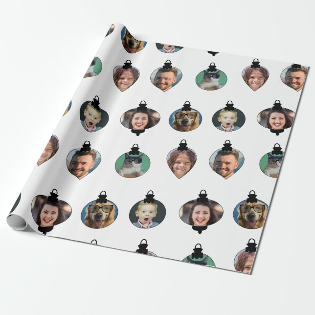 Christmas Funny Family Photo Faces Ornaments White Wrapping Paper (Unrolled)