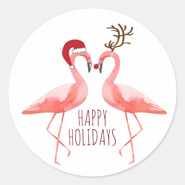 Christmas funny flamingos couple santa and rudolph classic round sticker (Front)