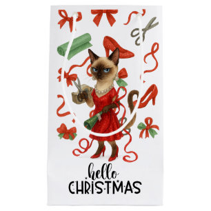 Christmas Funny Glam Siamese Cat Holiday Small Gift Bag