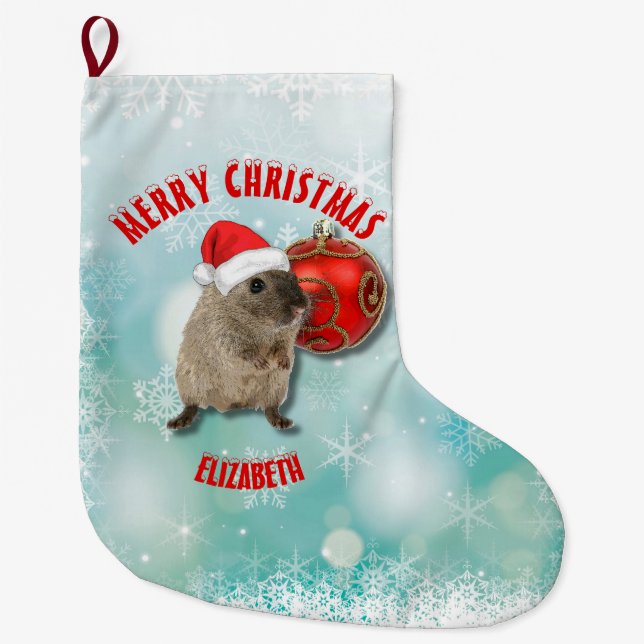 Christmas Funny Hamster Snowflakes Red Santa Hat Large Christmas Stocking (Front)