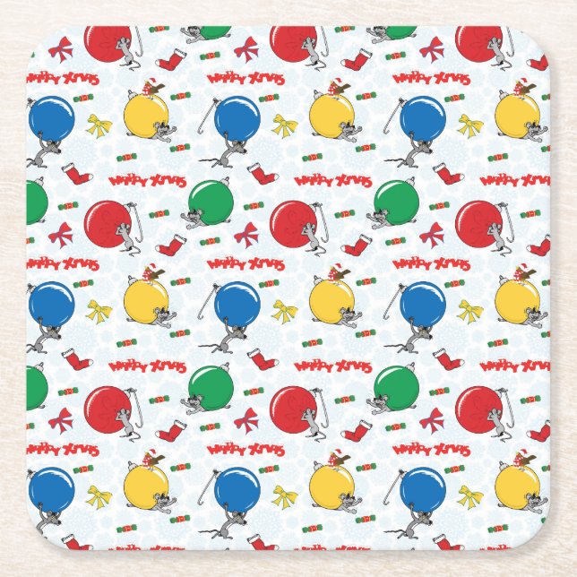 Christmas funny mouse with balls square paper coaster (Front)
