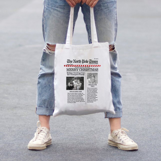 Christmas Funny North Pole Times Newspaper Cute Tote Bag (Merry Christmas holiday newspaper print tote bag.)