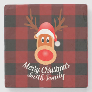 Christmas Funny Reindeer Buffalo Plaid Custom Stone Coaster