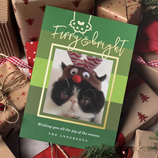 Christmas Furry & Bright Pet Photo Green Foil Holiday Card (Creator Uploaded)